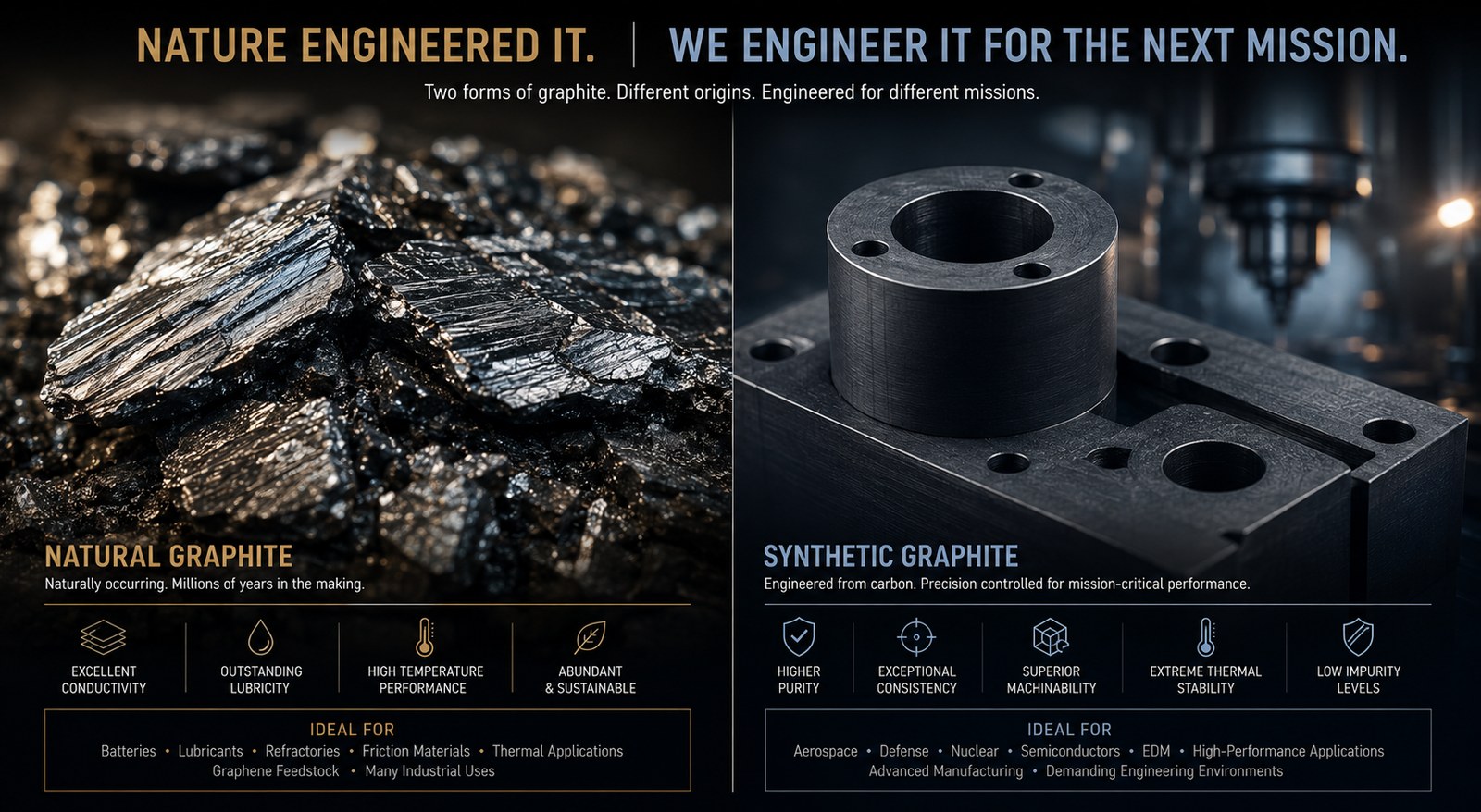 Side-by-side comparison of natural graphite ore and a precision-machined synthetic graphite component, with property and application icons for each.