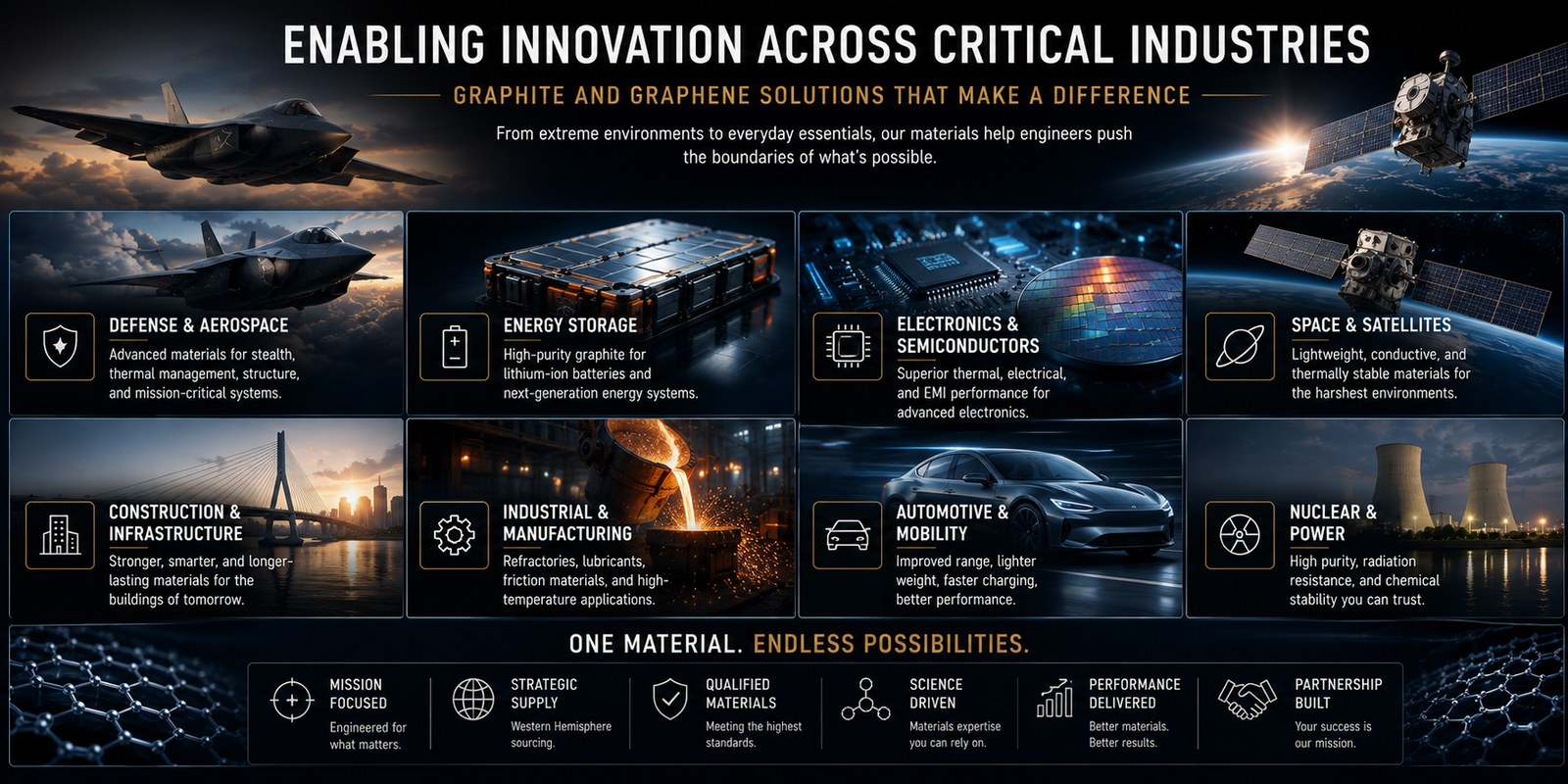 Graphite and graphene applications across defense and aerospace, energy storage, electronics and semiconductors, space and satellites, construction and infrastructure, industrial manufacturing, automotive, and nuclear and power.