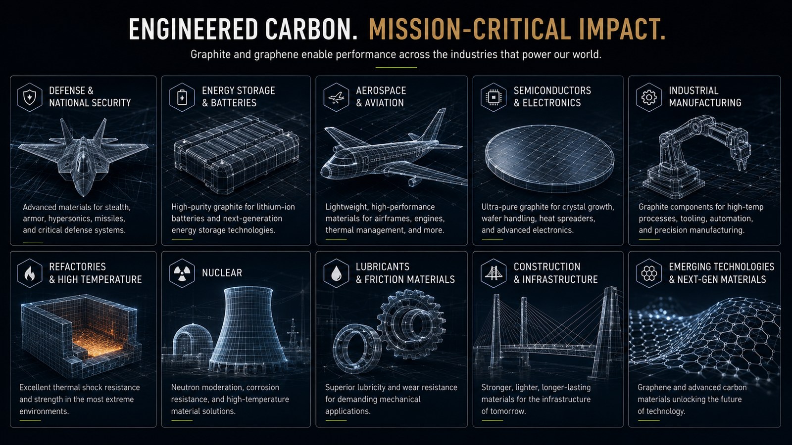 Engineered carbon for mission-critical impact across defense and national security, energy and batteries, aerospace, semiconductors, refractories, nuclear, lubricants, construction, and emerging next-generation materials.