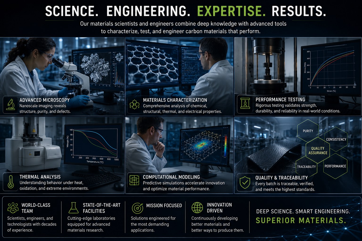 Materials science and engineering capabilities: advanced microscopy, materials characterization, performance testing, thermal analysis, computational modeling, and quality and traceability.
