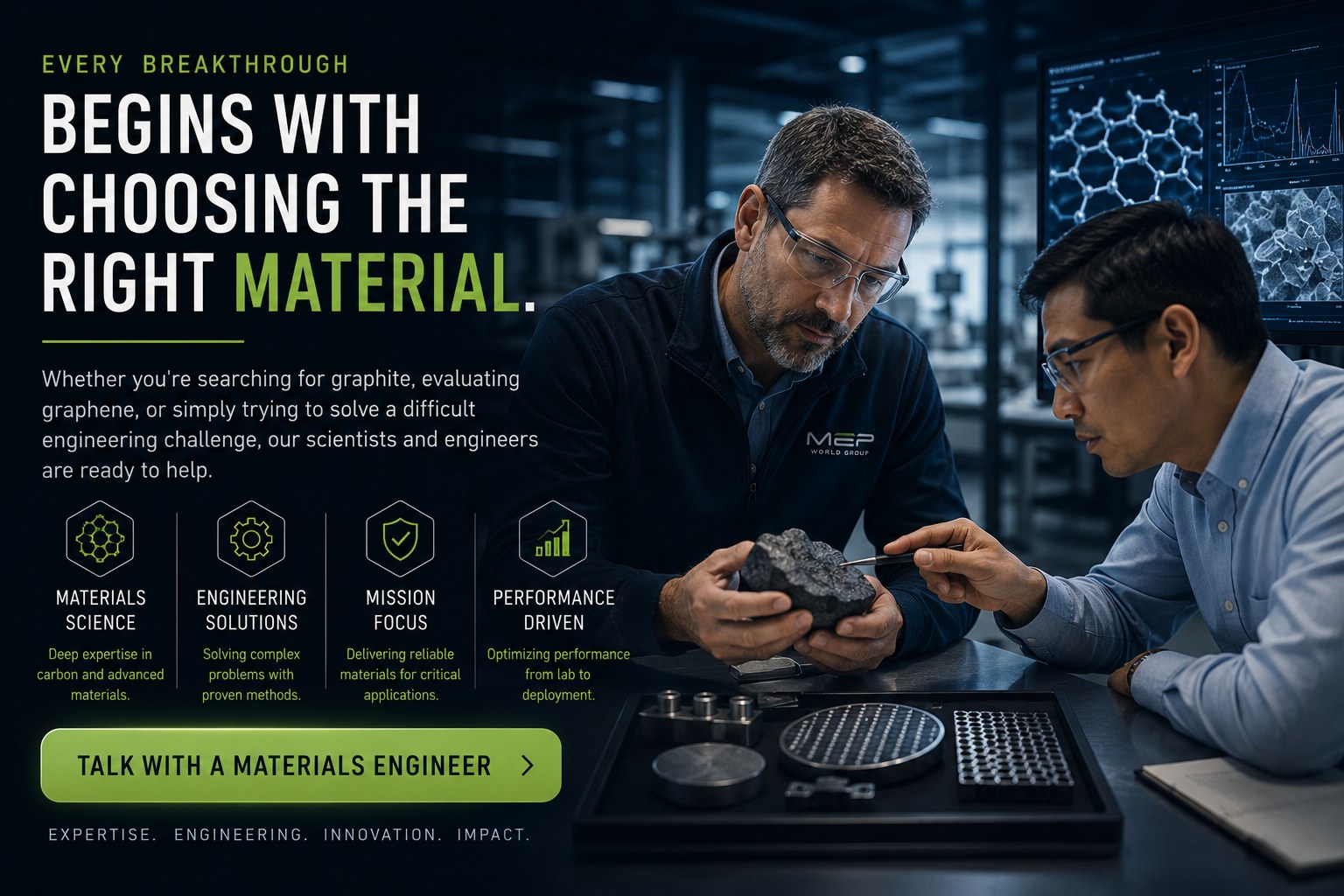 Two MEP materials engineers examining a graphite sample in a laboratory, with the message Every breakthrough begins with choosing the right material.