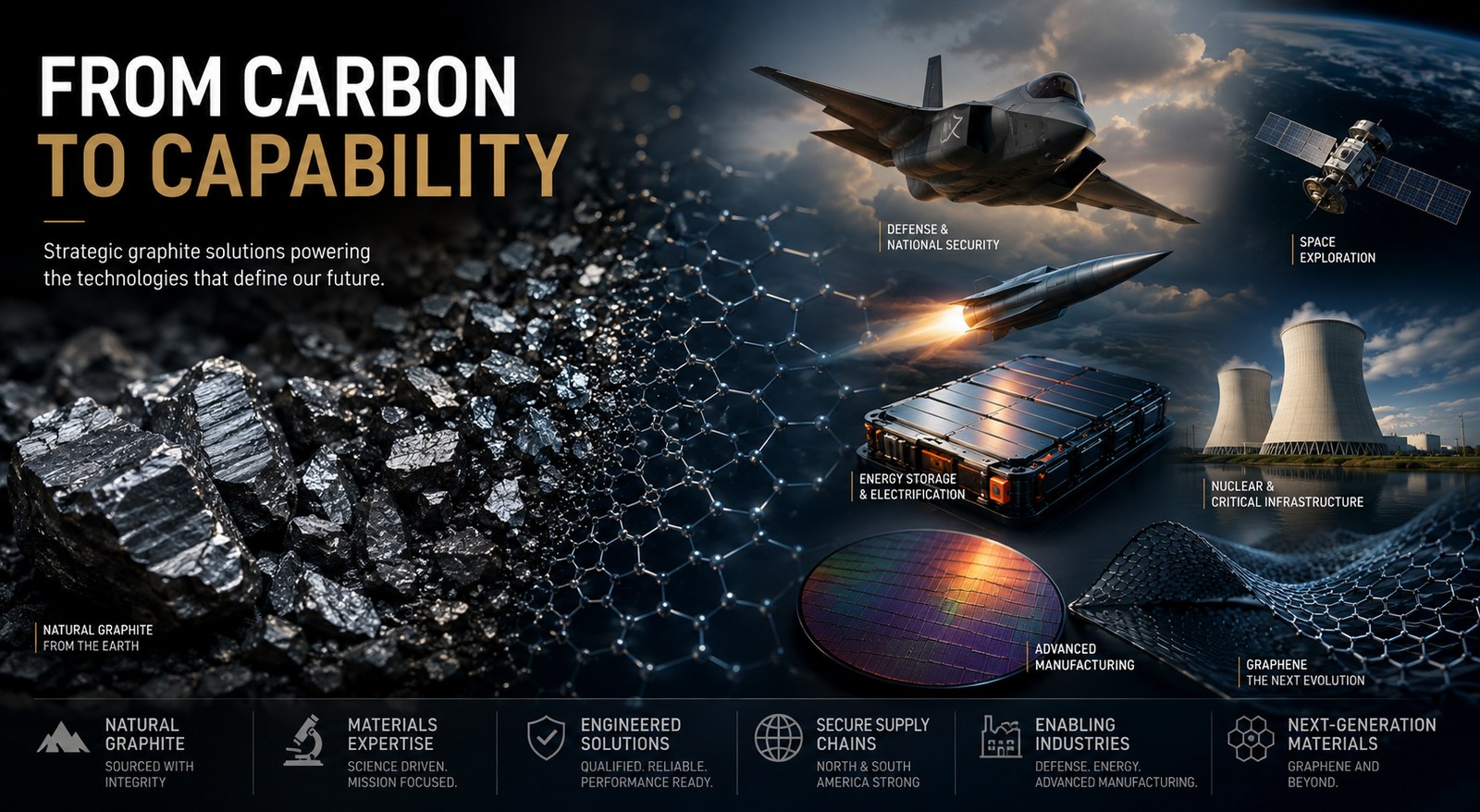 Infographic titled From Carbon to Capability, showing natural graphite and a graphene lattice feeding applications in defense, space exploration, energy storage, nuclear infrastructure, advanced manufacturing, and next-generation materials.